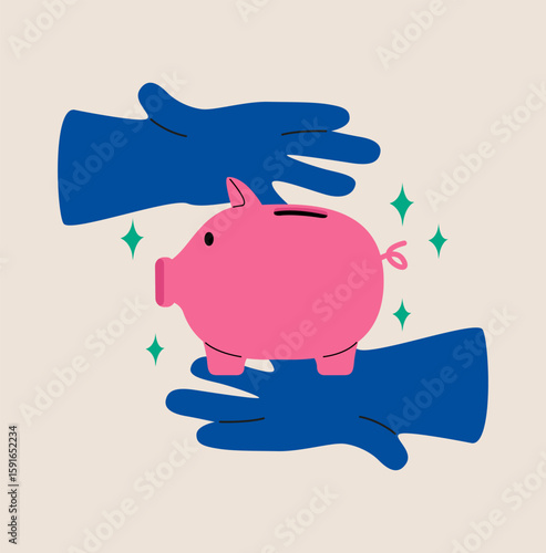Man hand shielding protect piggy bank, financial risk assurance. Colorful vector illustration
