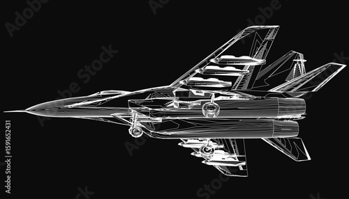 A black and white fighter jet drawing features intricate details, including defined wingspan and tail fins. The stark black background enhances the jet's bold contour.
