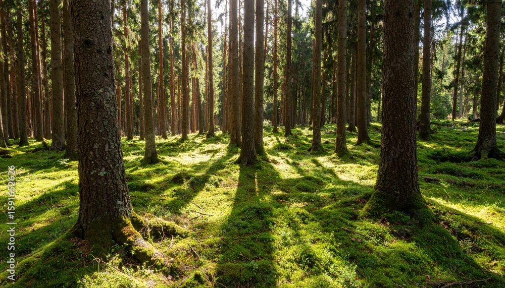 Obraz premium Sunlight filtering through a dense forest (7)