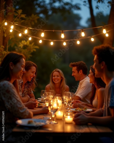 Outdoor dinner gathering under string lights