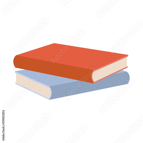 Colorful stack of two books with red cover on top of blue one in minimalistic design. Vector illustration in flat style on white background isolated.