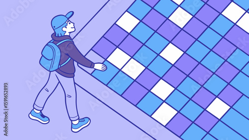 A young man in a blue cap and backpack walks across a colorful tiled floor, exuding a relaxed and playful vibe.