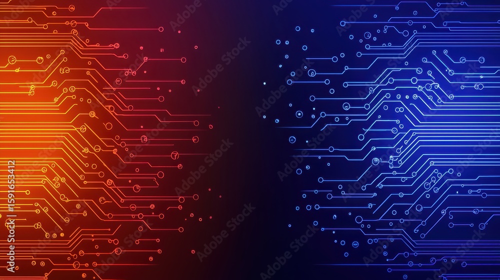 Obraz premium Brain-Computer Interfaces Concept. Abstract Technology Background with Vibrant Orange and Blue Circuit Patterns and Lines