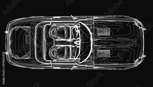 Convertible car blueprint in top view on black background features sleek contours, detailed headlights, a prominent grille, and stylish wheels. The elegant design emphasizes precision and modern.
