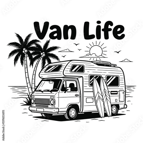 Monochrome illustration of a camper van on a beach with surfboards and palm trees, 'Van Life' concept.