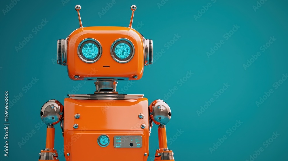 Fototapeta premium Brain-Computer Interfaces Concept. Playful Robot Character with Blue Eyes and Orange Body on Bright Turquoise Background