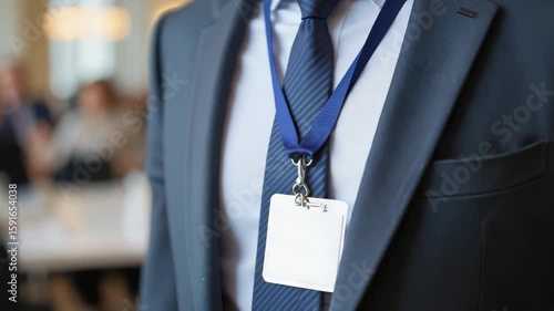 Businessman wearing ID badge in conference setting  