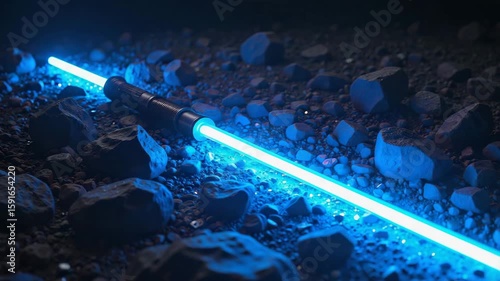 Blue glowing lightsaber lying on rocky ground at night  