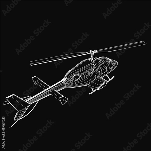A black and white contour drawing of a detailed helicopter with visible wingspan, tail, and propellers. The stark white lines contrast sharply against the black background.