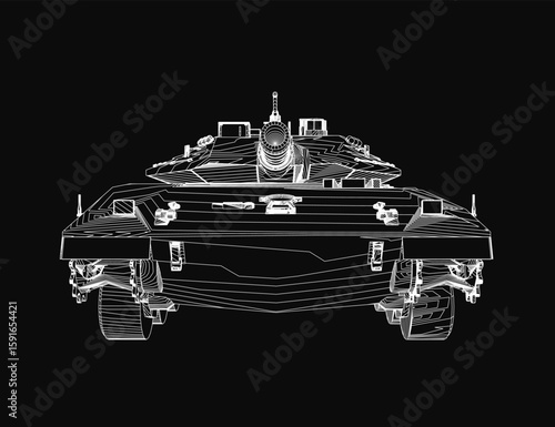 A detailed black and white contour drawing of a military tank stands out against a stark black background. The tank features clearly defined tracks, a prominent turret.