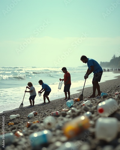 People clean up beach plastic pollution