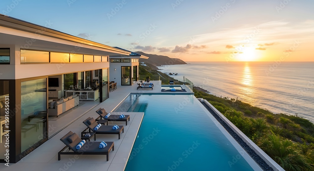 Fototapeta premium Serene ocean view villa with infinity pool at sunset for luxury living and vacation in a tropical