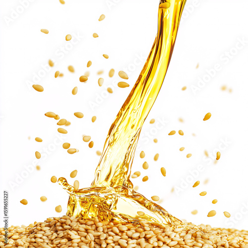 Sesame Oil Splash on Seeds Isolated on White Background