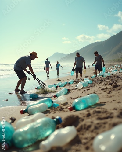 People cleaning plastic bottles on beach