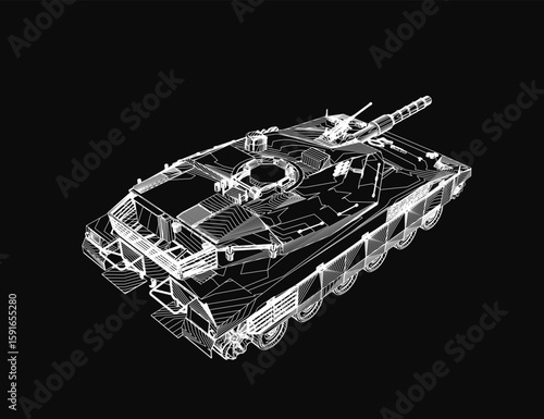 Battle Tank depicted in detailed black and white contour drawing on a dark background. The illustration highlights the tank's tracks, turret, and main gun with precision.