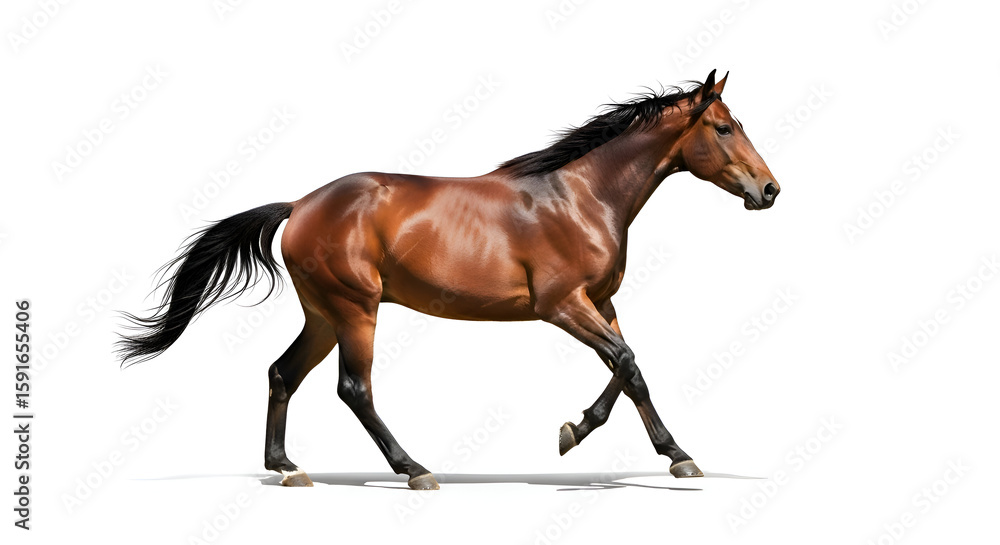 Obraz premium Graceful Bay Horse in Motion, Isolated on White Background, Studio Shot