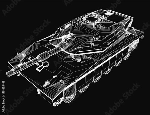 Battle Tank blueprint in 3D, showcasing detailed contours and military design on a black background. The model highlights key components like the turret, tracks, and armor plating.