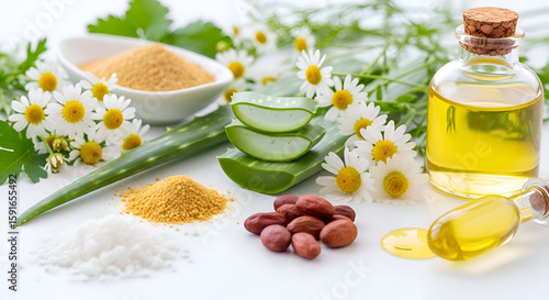 Natural Skincare Ingredients: Chamomile, Aloe Vera, Oil, and Seeds.