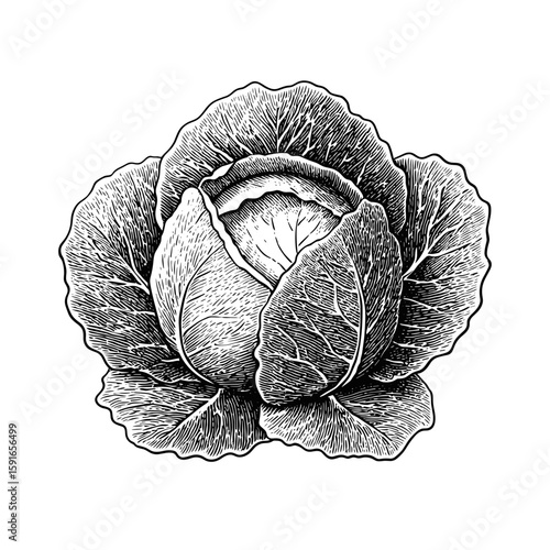 Hand-drawn black and white cabbage illustration with detailed leaves  
