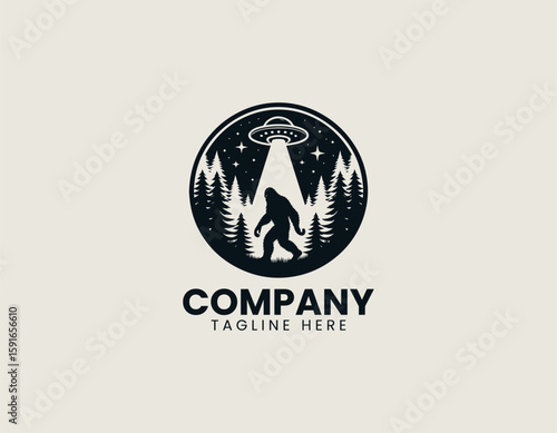 Mysterious Bigfoot UFO Abduction Forest Encounter Cryptid Vector Logo Design