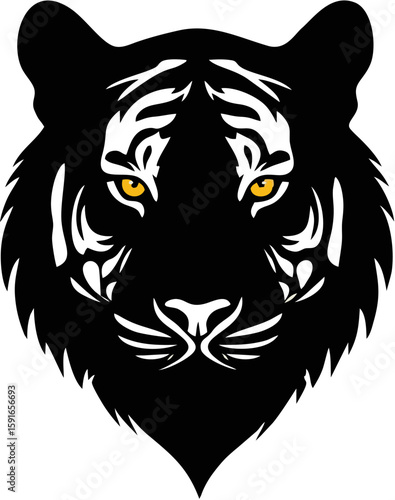 A striking black and white illustration of a tiger's head, featuring detailed markings and intense gaze.