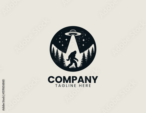 Mysterious Bigfoot UFO Abduction Forest Encounter Cryptid Vector Logo Design