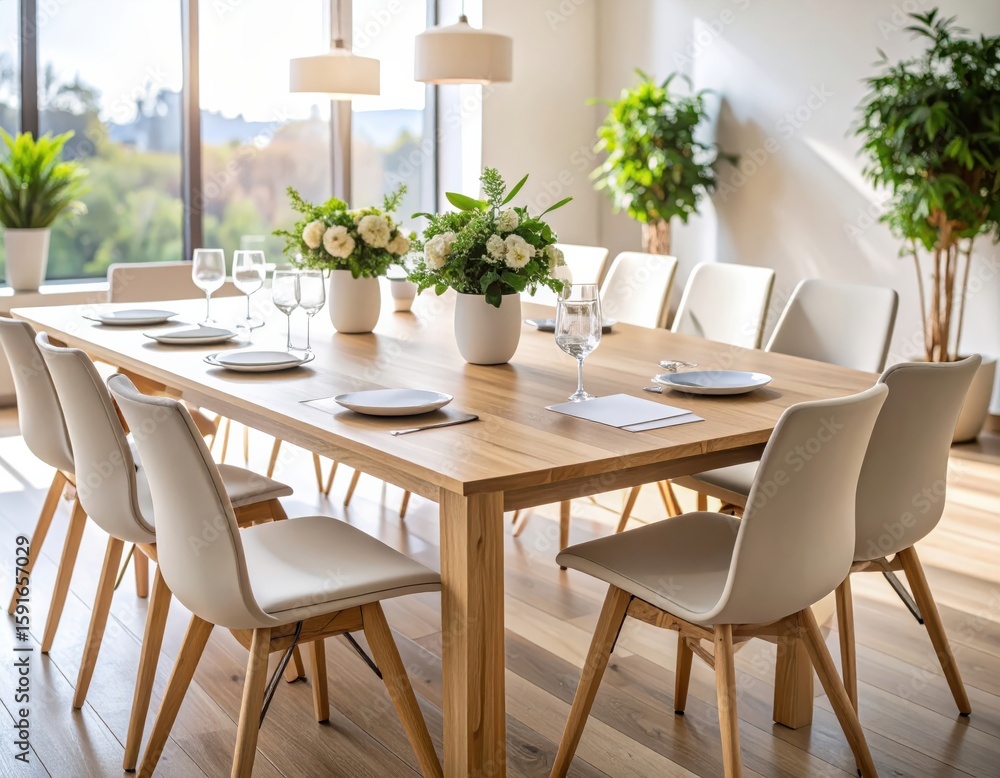 Obraz premium Elegant modern dining room with large wooden table set for a meal
