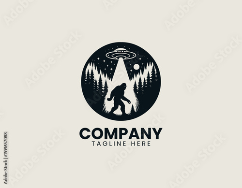 Mysterious Bigfoot UFO Abduction Forest Encounter Cryptid Vector Logo Design
