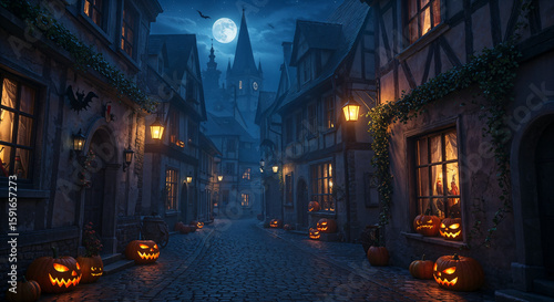Fototapeta Naklejka Na Ścianę i Meble -  Realistic Halloween Night in Foggy European Town with Pumpkins and Gothic Rooftops