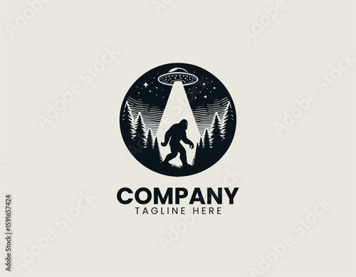 Mysterious Bigfoot UFO Abduction Forest Encounter Cryptid Vector Logo Design