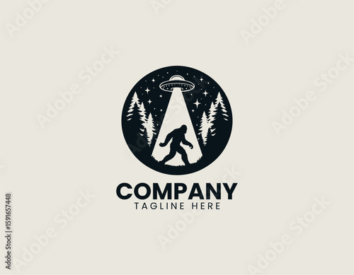 Mysterious Bigfoot UFO Abduction Forest Encounter Cryptid Vector Logo Design