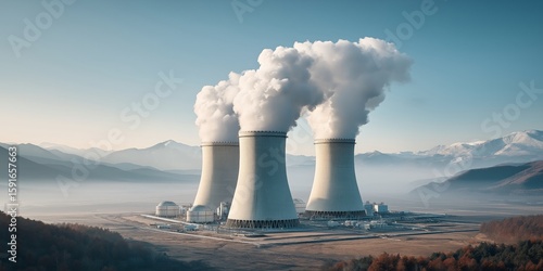 Quantum nuclear energy concept. Nuclear power plant with cooling towers and steam emissions.