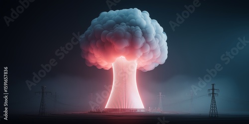 Quantum nuclear energy concept. Nuclear explosion with power lines in a dark atmosphere.