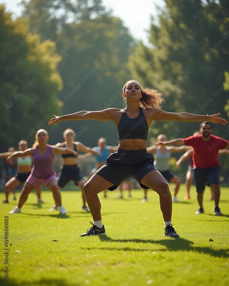 Obraz premium People exercising outdoors on grass