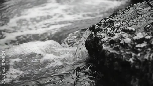 A rough sea scene with waves crashing over rocks along the shore.