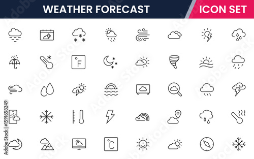 Weather Forecast vector web line icon collection, sleek illustrations of clouds, sun, thermometers, forecasts for clear, dynamic designs.