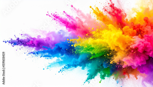 Colorful chalk explosion forming a beautiful wave of rainbow pigment in motion. Ideal for festivals or energetic backgrounds.