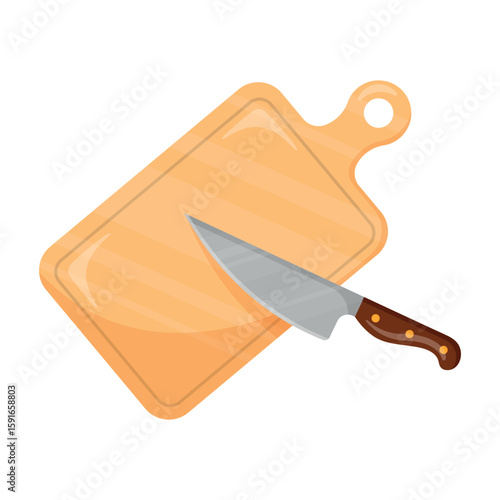 Isolated wooden cutting board with knife on transparent background. Household cutlery. Kitchenware. Design element for cooking, cafe, restaurant, cooking books. Flat cartoon style.Vector illustration.