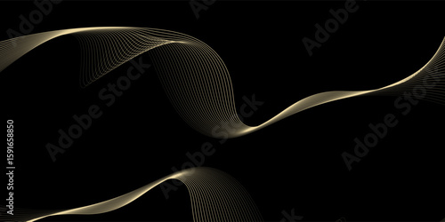Vector wave lines smooth flowing dynamic gold gradient light isolated on black background for concept of luxury, technology, digital, communication, science, music