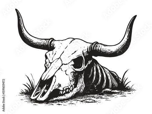 A vintage black and white sketch of a buffalo skull lying on the ground with grass around, detailed in an old engraving style.