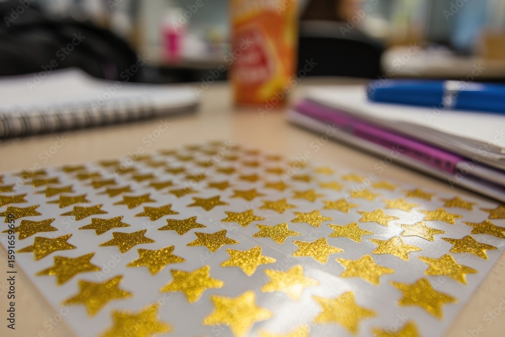 Fototapeta premium Gold stars on sheet, desk items