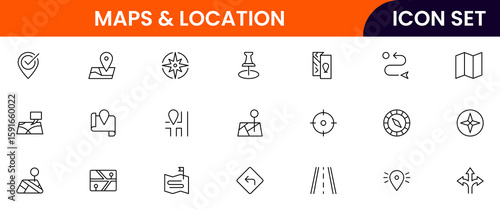 Maps and Location vector web line icon collection, sleek illustrations of pins, compasses, routes, navigation for clear, location-based designs.