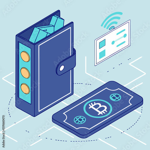 Digital Wallet and Crypto-currency: A modern illustration showing a wallet filled with digital tokens, a digital banknote with a cryptocurrency symbol, and a device showing the payment process