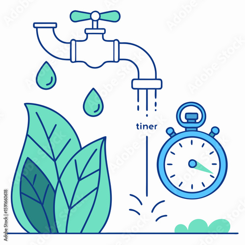 Water Conservation: The Illustration depicts a faucet with water drops, timer, and plant leaves. This visual metaphor emphasizes the importance of saving water