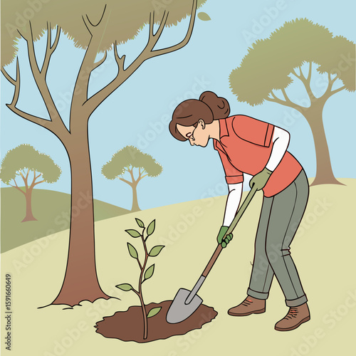 Planting a Sapling: A woman carefully plants a young sapling, her dedication evident in her focused posture.  The scene evokes a sense of environmental stewardship and the promise of growth.