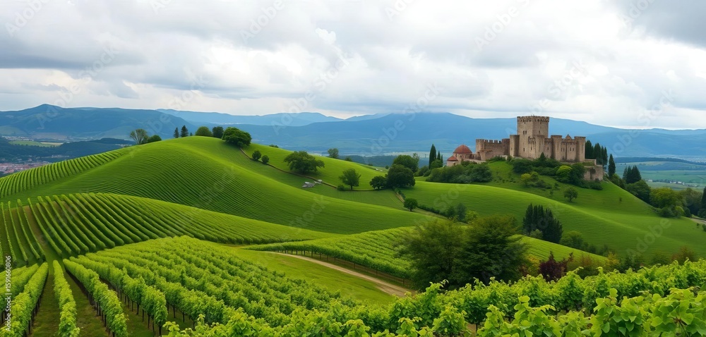 Fototapeta premium Rolling hills covered in lush vineyards, ancient castle silhouetted against a cloudy sky, clouds, vine