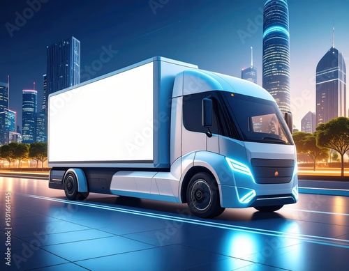 Electric delivery truck in a futuristic city