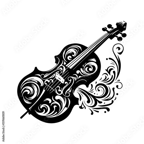 An ornate violin with decorative swirls and flourishes, ready to play a classical melody