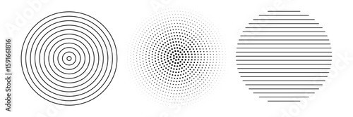 Black concentric circle set. Sonar or sound wave ring collection. Dotted and linear epicentre, target, radar icon concept. Ripple radial signal or vibration elements. Vector line and halftone symbols