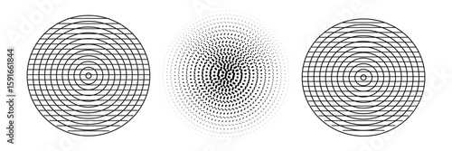 Black concentric circle set. Sonar or sound wave ring collection. Dotted and linear epicentre, target, radar icon concept. Ripple radial signal or vibration elements. Vector line and halftone symbols